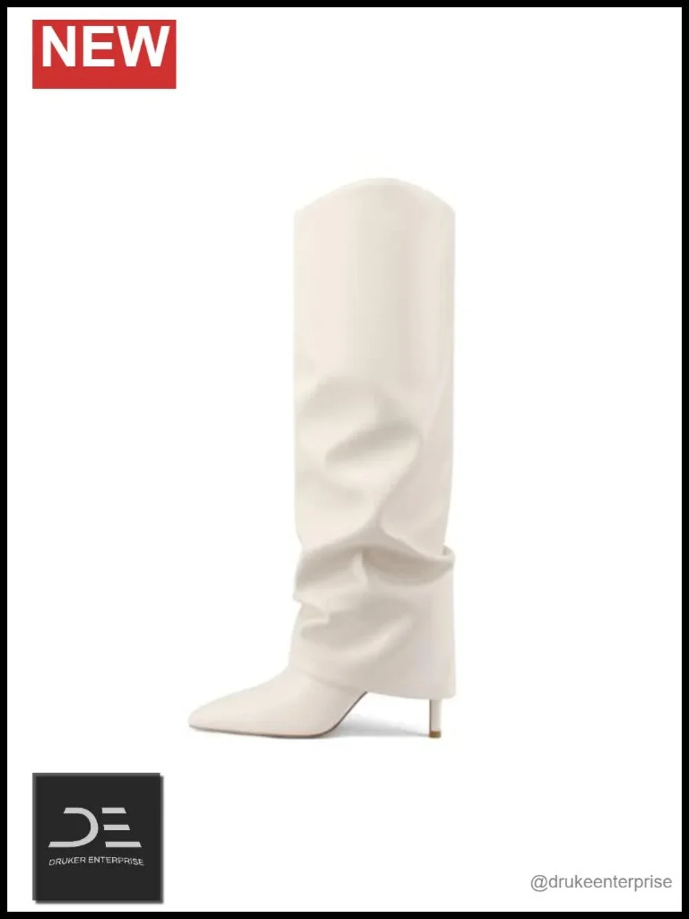 Fold Over Knee High Boots Pointed Toe Stiletto Heel Side Zipper